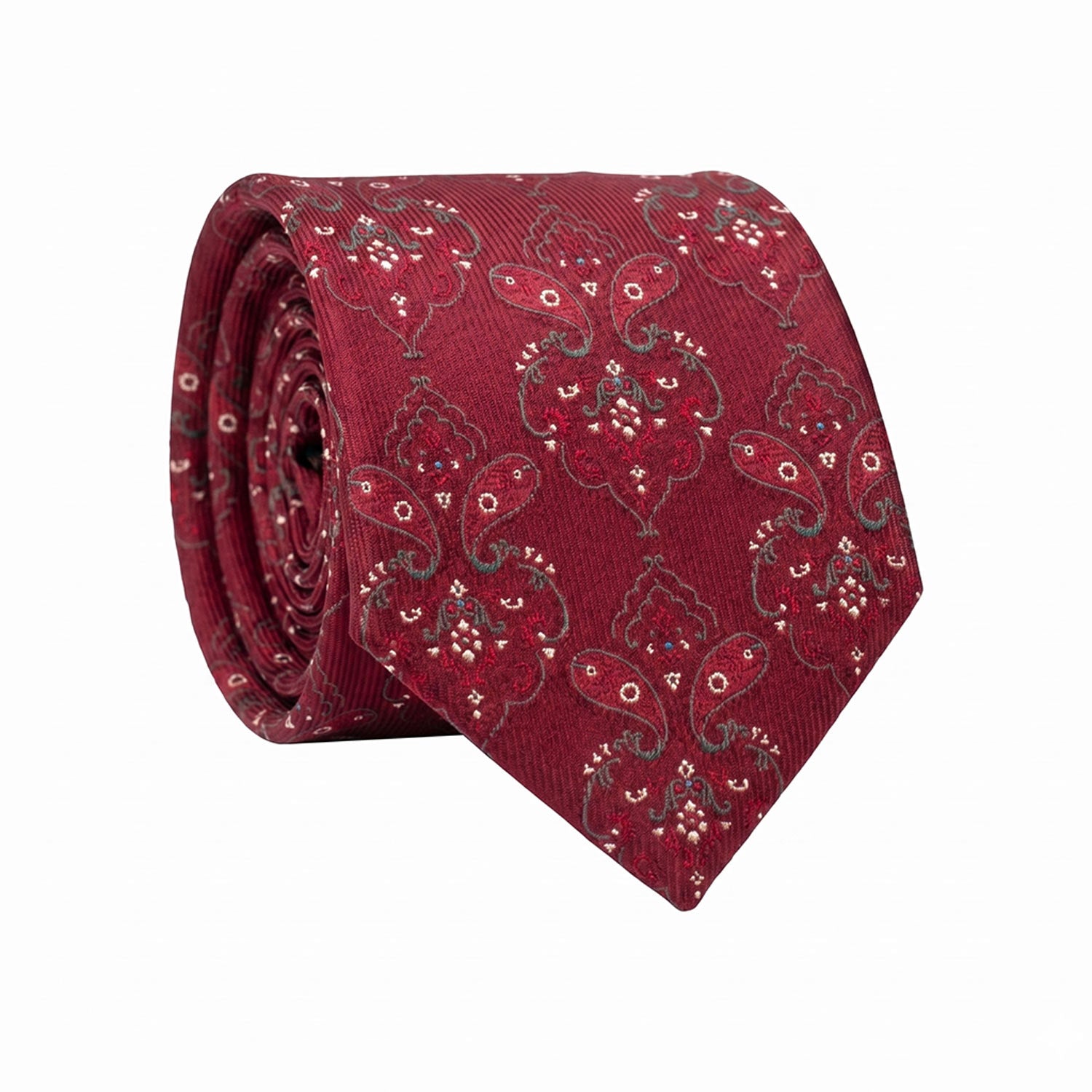 Cravatta di Seta Rosso Bordeaux Paisley Grigio Bianco Lilla 1637 Graffeo Cravatte Made in Italy Rotolo