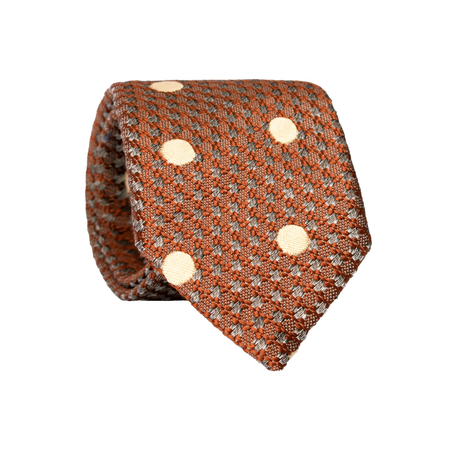 Cravatta di Seta Ruggine Pied de Poule Azzurro Polvere a Pois Color Crema AN7421 Made in Italy Graffeo Cravatte Rotolo