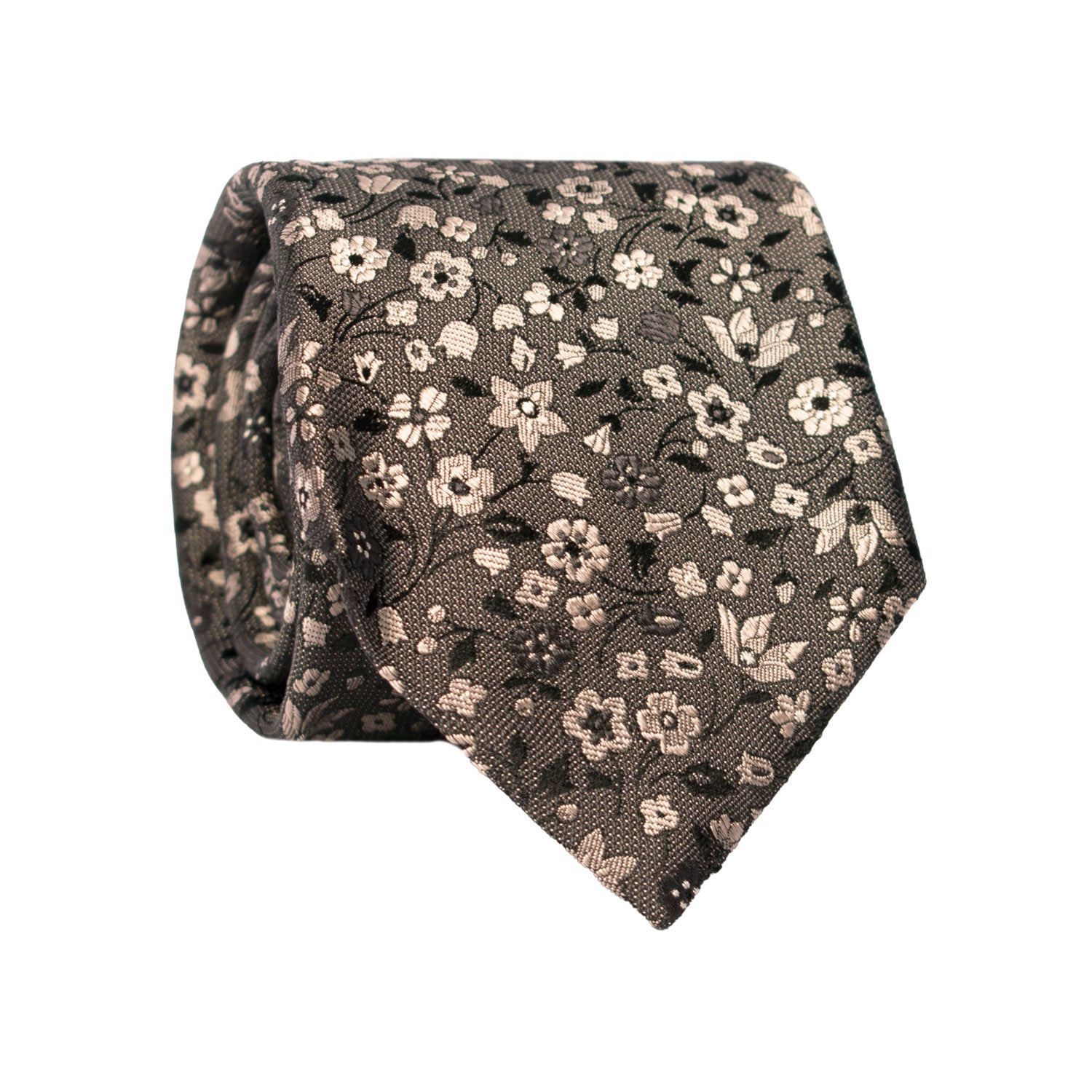 Cravatta di Seta Tortora Scuro a Fiori Beige Neri AN7528 Made in Italy Graffeo Cravatte Rotolo