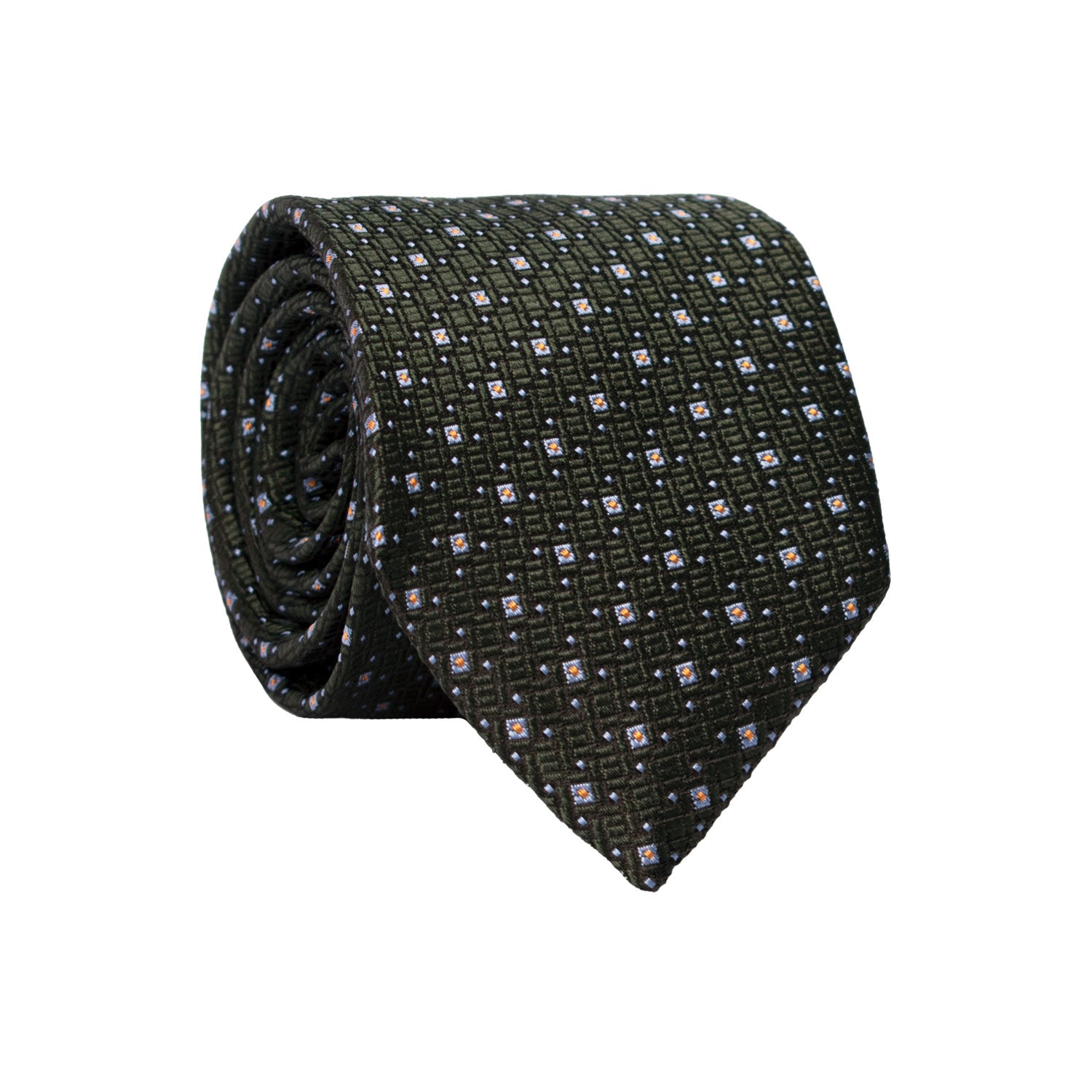 Cravatta di Seta Verde Scuro Nera Fantasia Arancione Celeste 7409 Made in Italy Graffeo Cravatte Rotolo