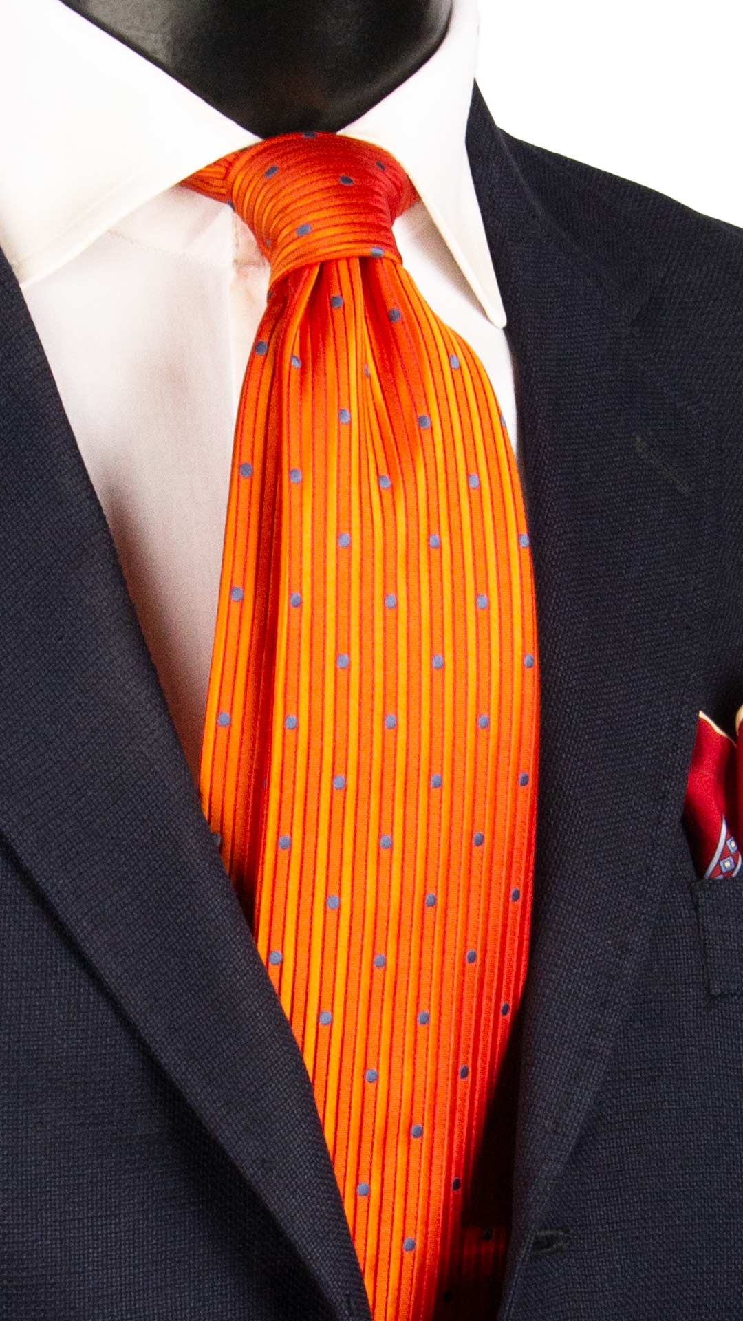 Cravatta di Seta con Riga Verticale Arancione Rosso a Pois Blu Avio 1634 Graffeo Cravatte Made in Italy