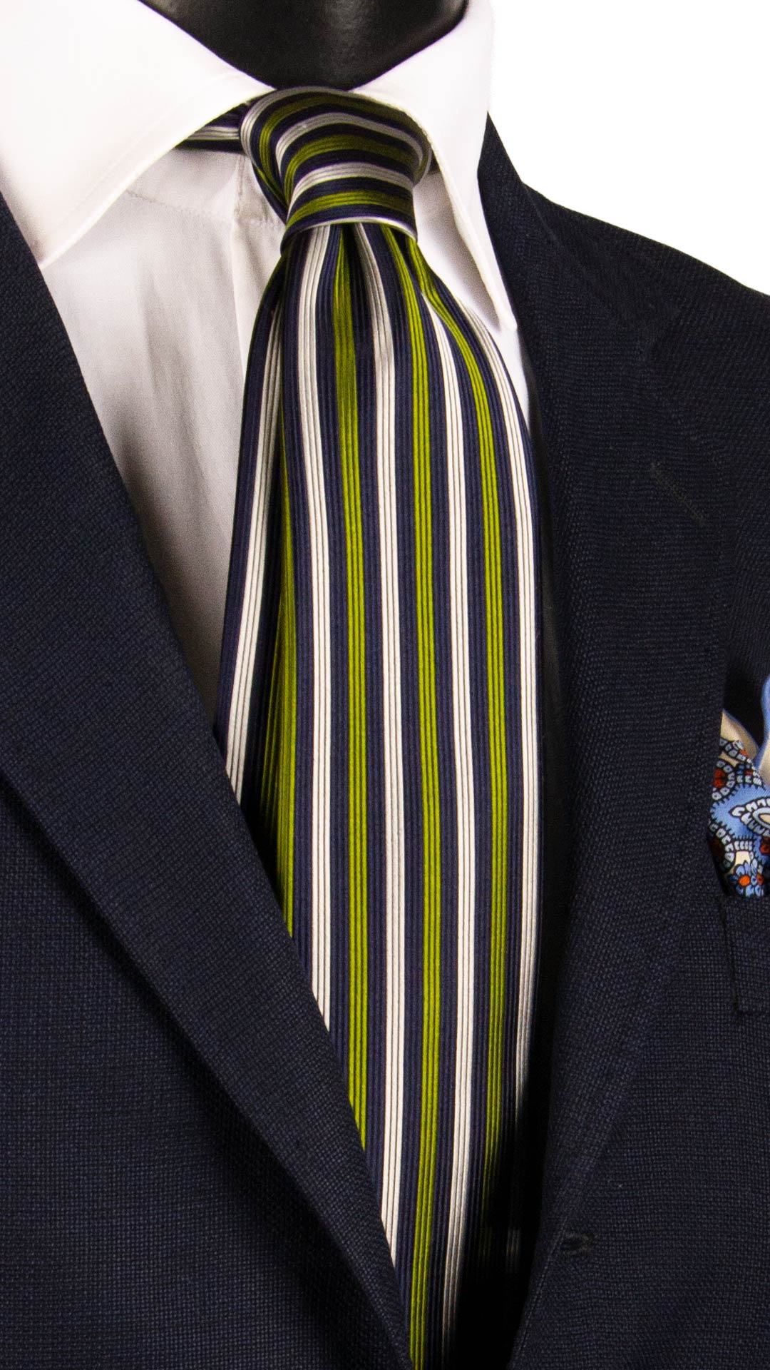 Cravatta di Seta con Riga Verticale Blu Verde Bianca 7363 Graffeo Cravatte Made in Italy