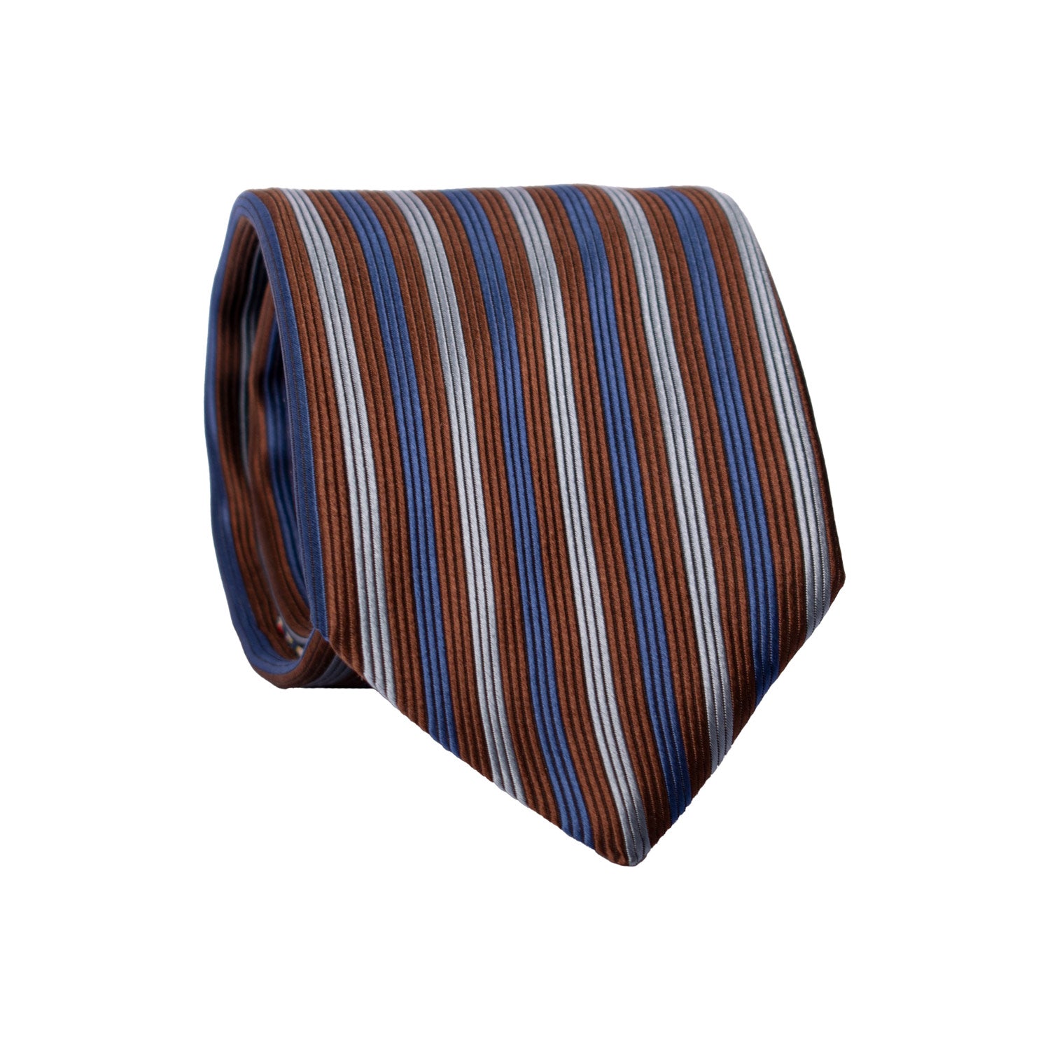 Cravatta di Seta con Riga Verticale Marrone Blu Navy Celeste 7358 Graffeo Cravatte Made in Italy Rotolo