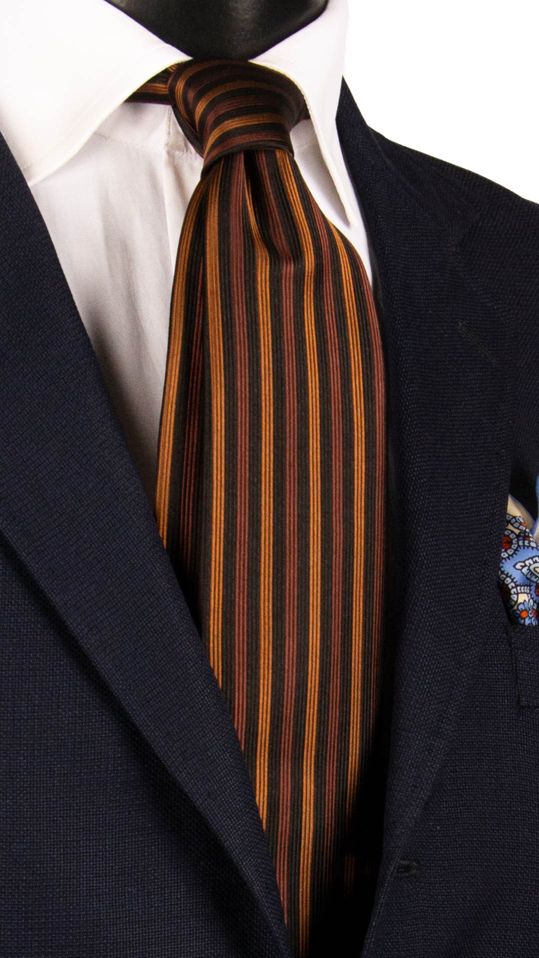 Cravatta di Seta con Riga Verticale Nera Marrone Ruggine 7362 Graffeo Cravatte Made in Italy