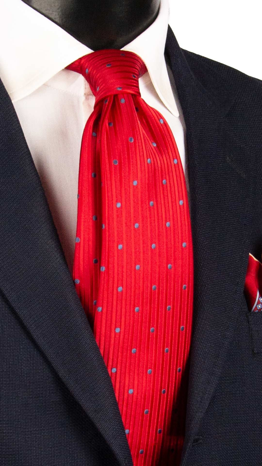 Cravatta di Seta con Riga Verticale Rossa a Pois Blu Avio 1635 Graffeo Cravatte Made in Italy