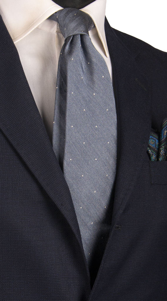 Cravatta in Lana Seta Lisca di Pesce Blu Avio a Pois Grigio Argento Made in italy Graffeo Cravatte
