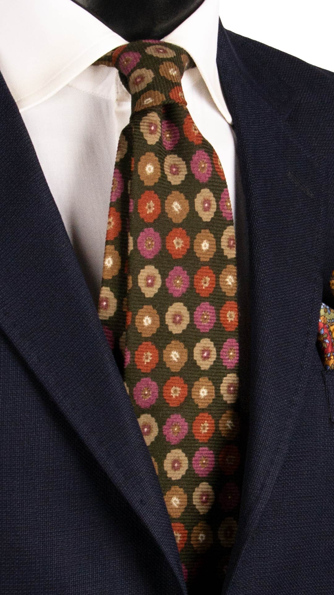 Cravatta in Lana Seta Verde Oliva a Fiori Viola Tortora Marrone L941 Made in Italy Graffeo Cravatte