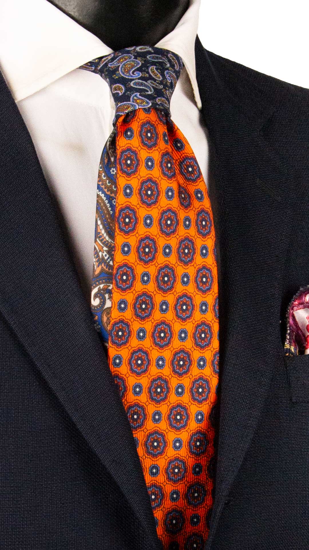 Cravatta in Saia di Seta Arancione Fantasia Multicolor Nodo in Contrasto Blu Fantasia Paisley Multicolor N3470 Made in Italy Graffeo Cravatte 