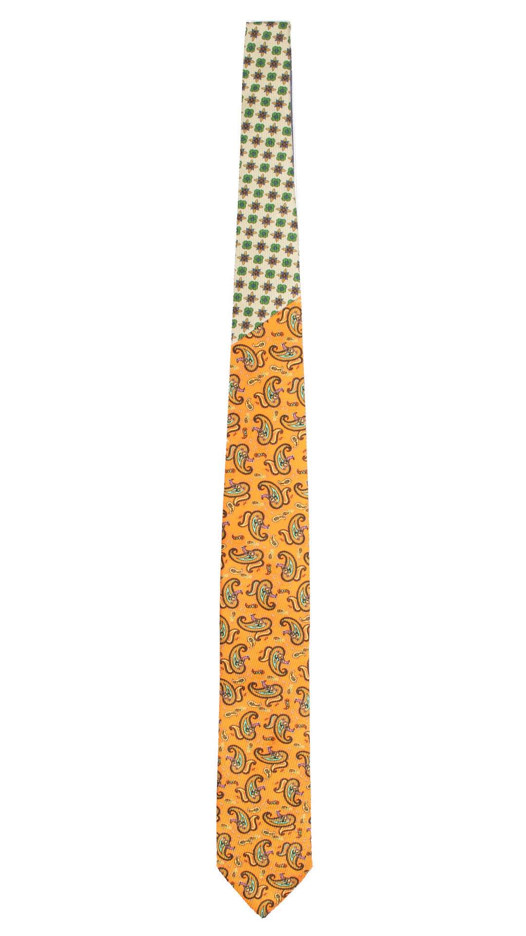 Cravatta in Saia di Seta Arancione Paisley Multicolor Nodo in Contrasto Verde Mela Fantasia Indaco Verde Giallo Senape N3493 Made in Italy Graffeo Cravatte Intera