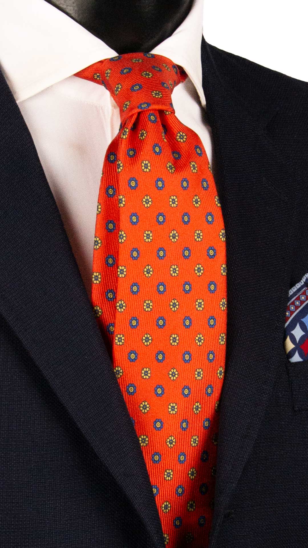 Cravatta in Saia di Seta Arancione a Fiori Bluette Gialli SA67 Made in Italy Graffeo Cravatte