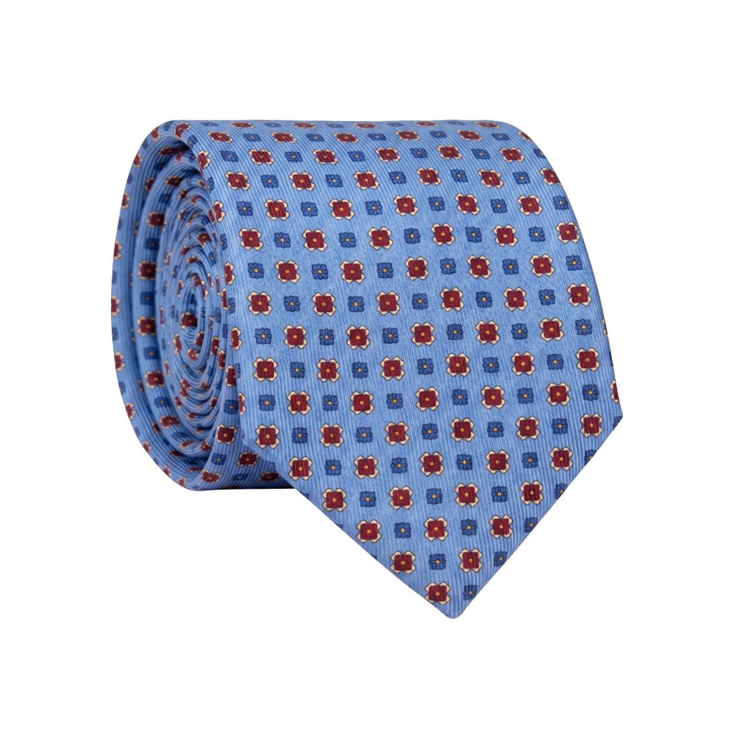 Cravatta in Saia di Seta Azzurra Fantasia Bordeaux Celeste Giallo Crema SA89 Made in Italy Graffeo Cravatte Rotolo