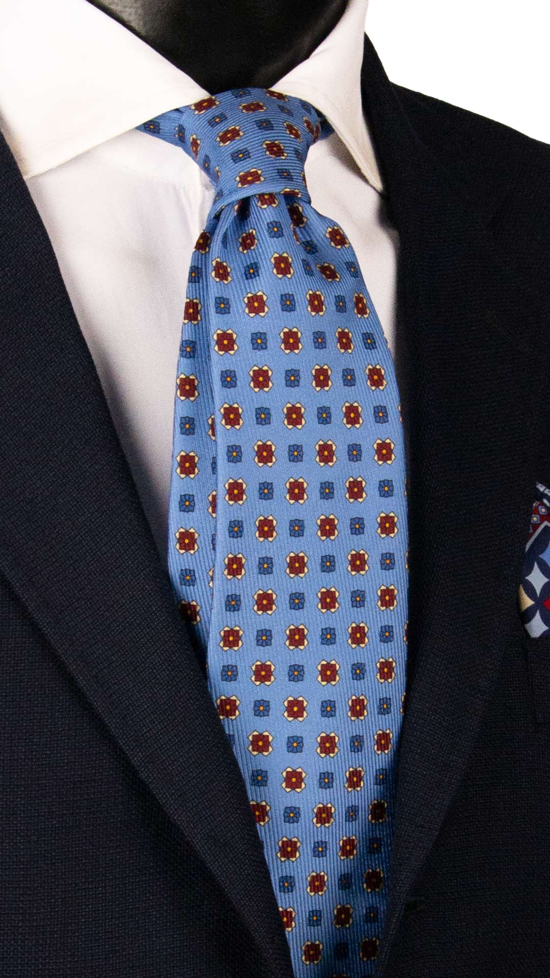 Cravatta in Saia di Seta Azzurra Fantasia Bordeaux Celeste Giallo Crema SA89 Made in Italy Graffeo Cravatte