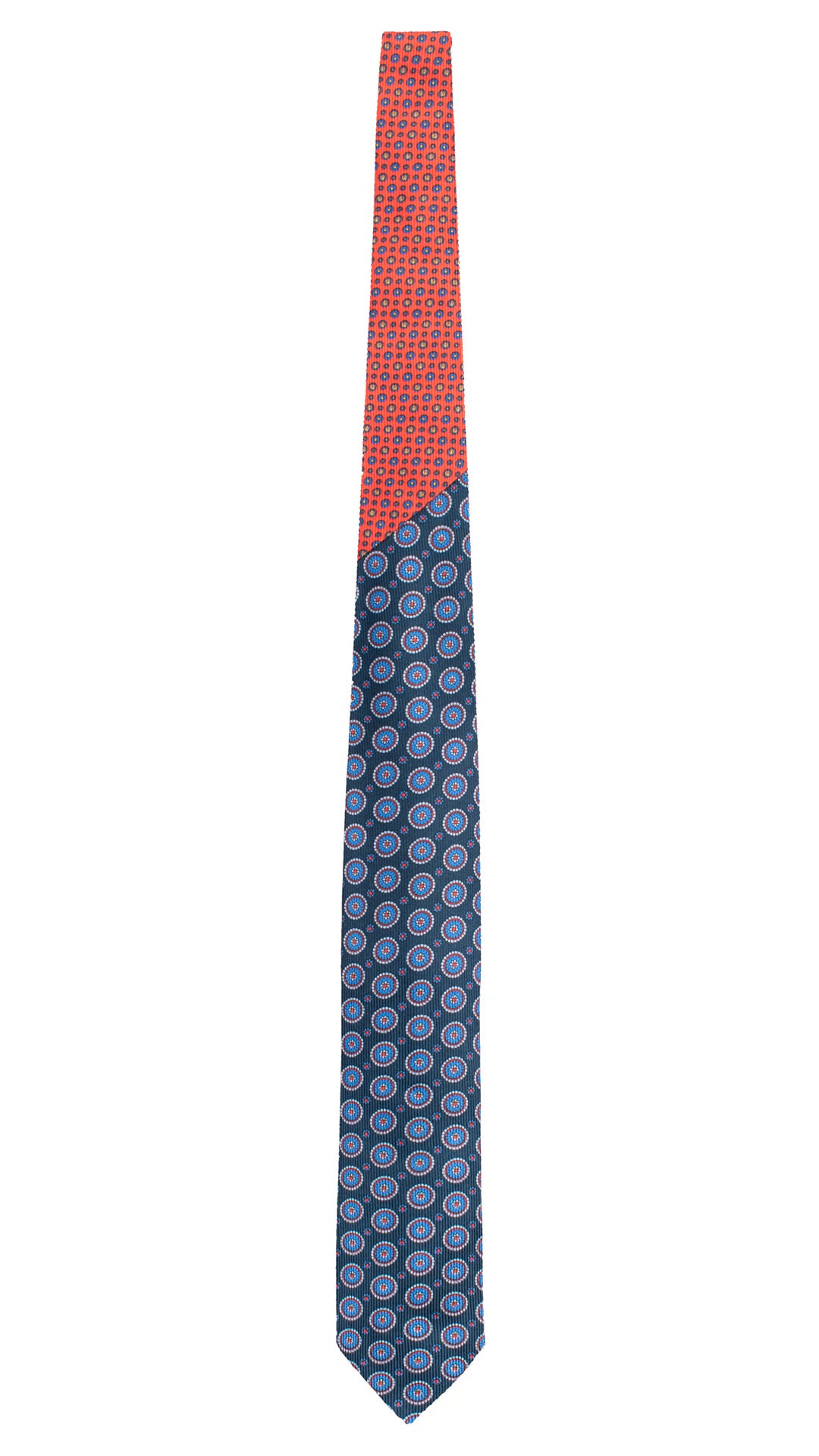 Cravatta in Saia di Seta Blu Fantasia Azzurro Celeste Rosso Corallo Nodo in Contrasto Fantasia Multicolor N3477 Made in Italy Graffeo Cravatte Intera