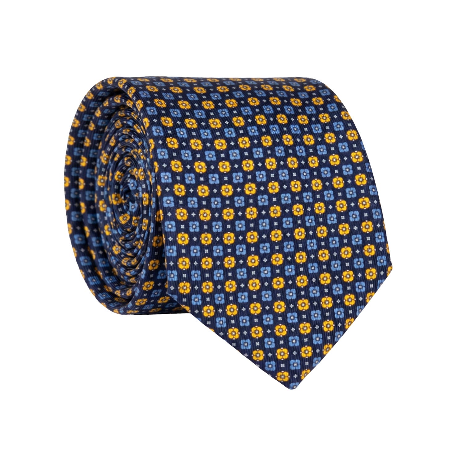 Cravatta in Saia di Seta Blu Fantasia Giallo Azzurro SA90 Made in Italy Graffeo Cravatte Rotolo