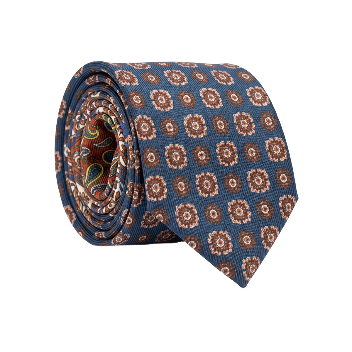 Cravatta in Saia di Seta Blu Fantasia Multicolor Nodo in Contrasto Marrone Chiaro Paisley Multicolor N3498 Made in Italy Graffeo Cravatte Rotolo