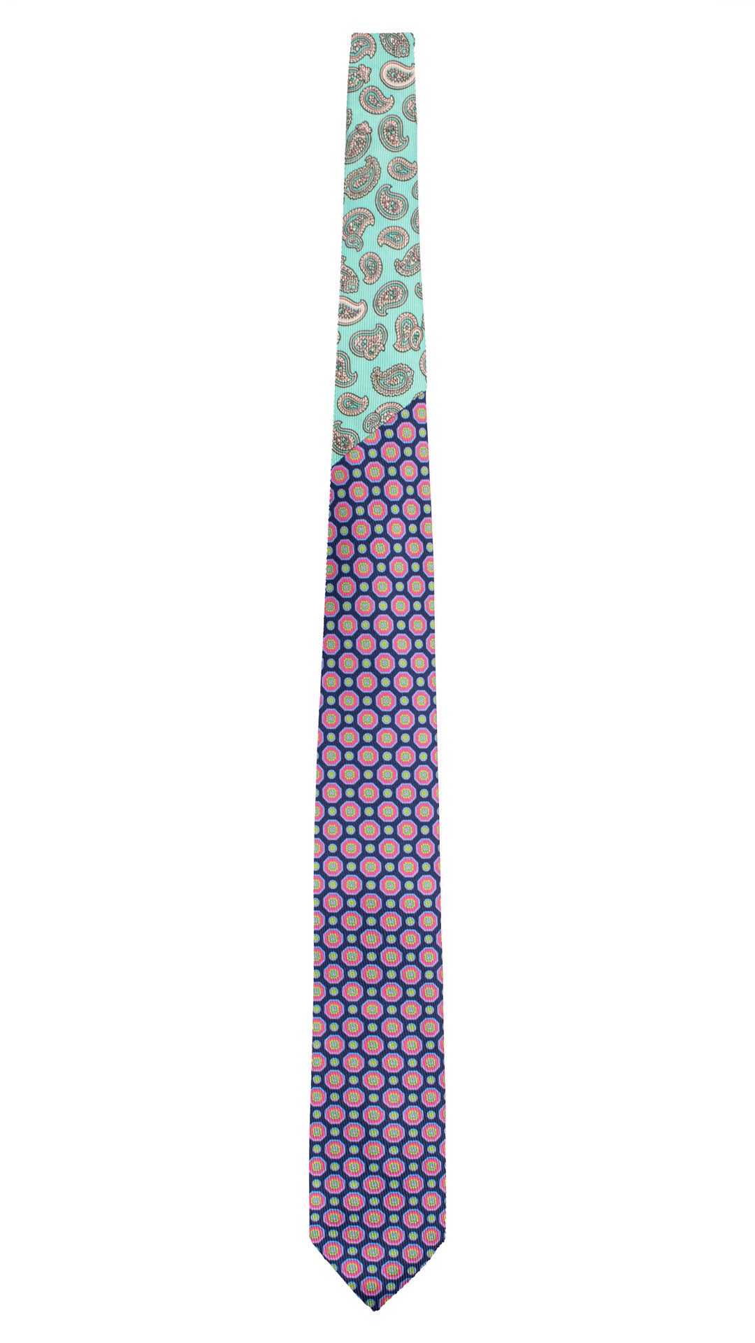 Cravatta in Saia di Seta Blu Fantasia Multicolor Nodo in Contrasto Verde Acqua Paisley Grigio N3469 Made in Italy Graffeo Cravatte Intera