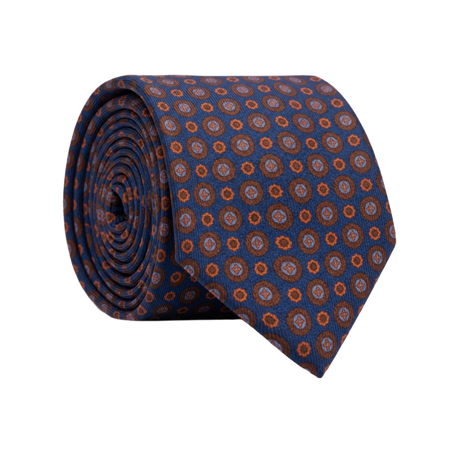Cravatta in Saia di Seta Blu Navy Fantasia Arancione Marrone Celeste SA79 Made in Italy Graffeo Cravatte Rotolo