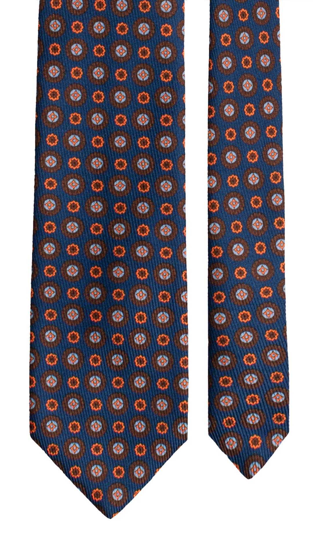 Cravatta in Saia di Seta Blu Navy Fantasia Arancione Marrone Celeste SA79 Made in Italy Graffeo Cravatte Pala