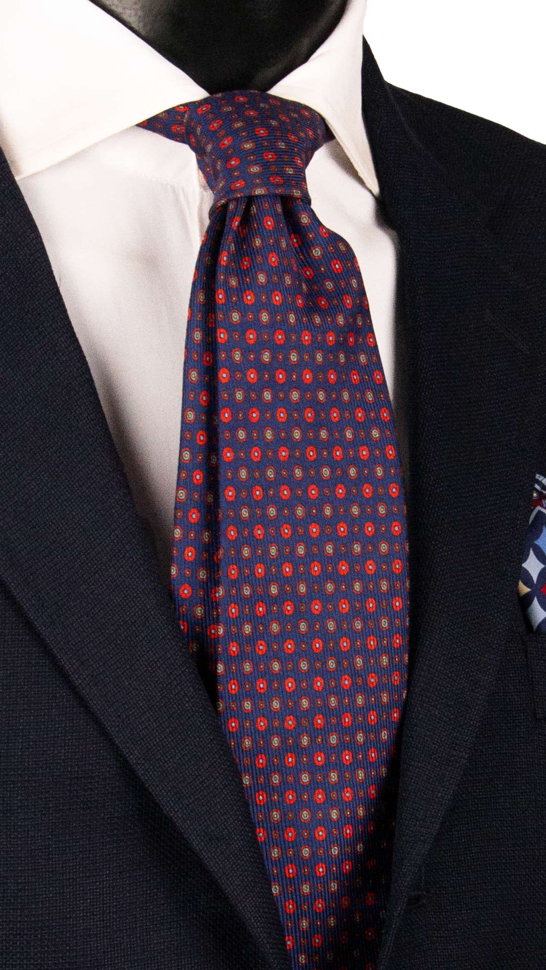 Cravatta in Saia di Seta Blu Navy Fantasia Rosso Corallo Azzurro Arancione SA108 Made in Italy Graffeo Cravatte