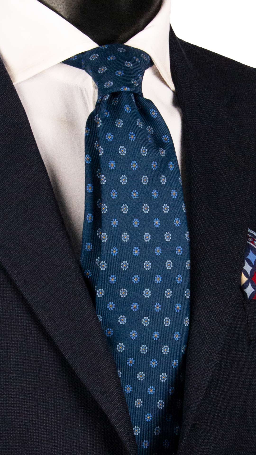 Cravatta in Saia di Seta Blu a Fiori Celesti Azzurri Arancioni SA80 Made in Italy Graffeo Cravatte