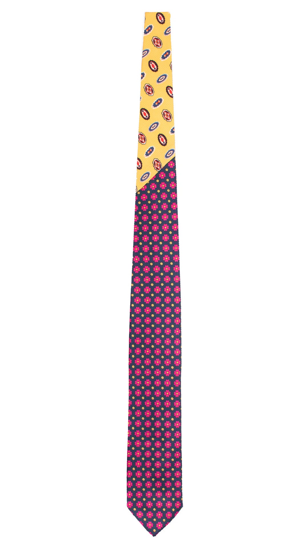 Cravatta in Saia di Seta Blu a Fiori Fucsia Gialli Nodo in Contrasto Giallo Fantasia Multicolor N3479 Made in Italy Graffeo Cravatte Intera