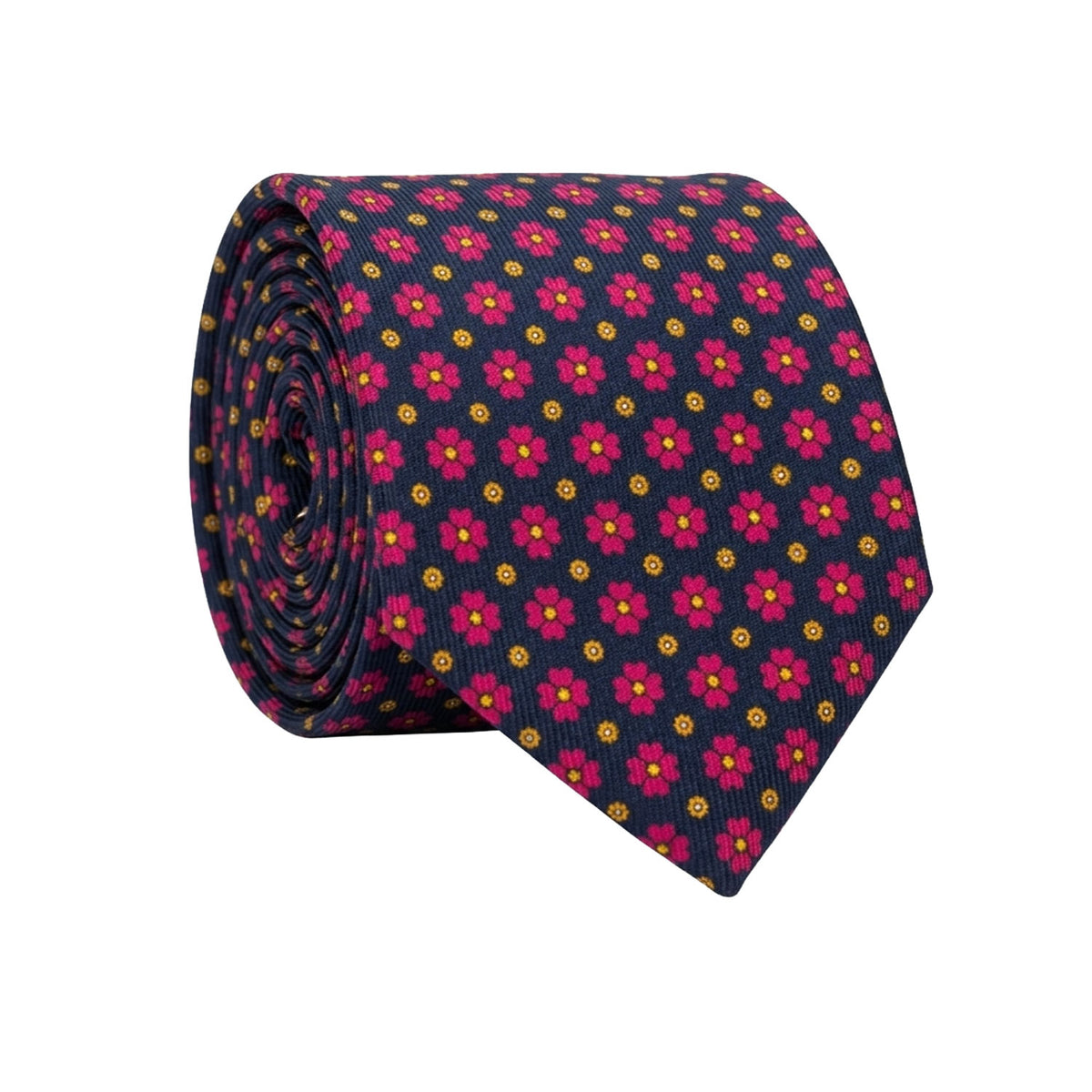 Cravatta in Saia di Seta Blu a Fiori Fucsia Gialli SA46 Made in Italy Graffeo Cravatte Rotolo