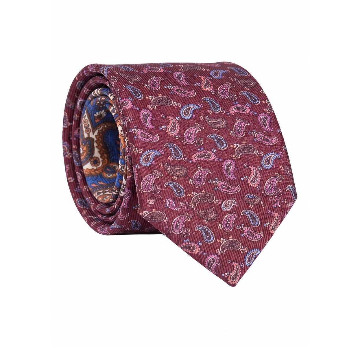 Cravatta in Saia di Seta Bordeaux Paisley Multicolor Nodo in Contrasto Bluette Paisley Tono su Tono Blu Bianco N3497 Made in Italy Graffeo Cravatte Rotolo