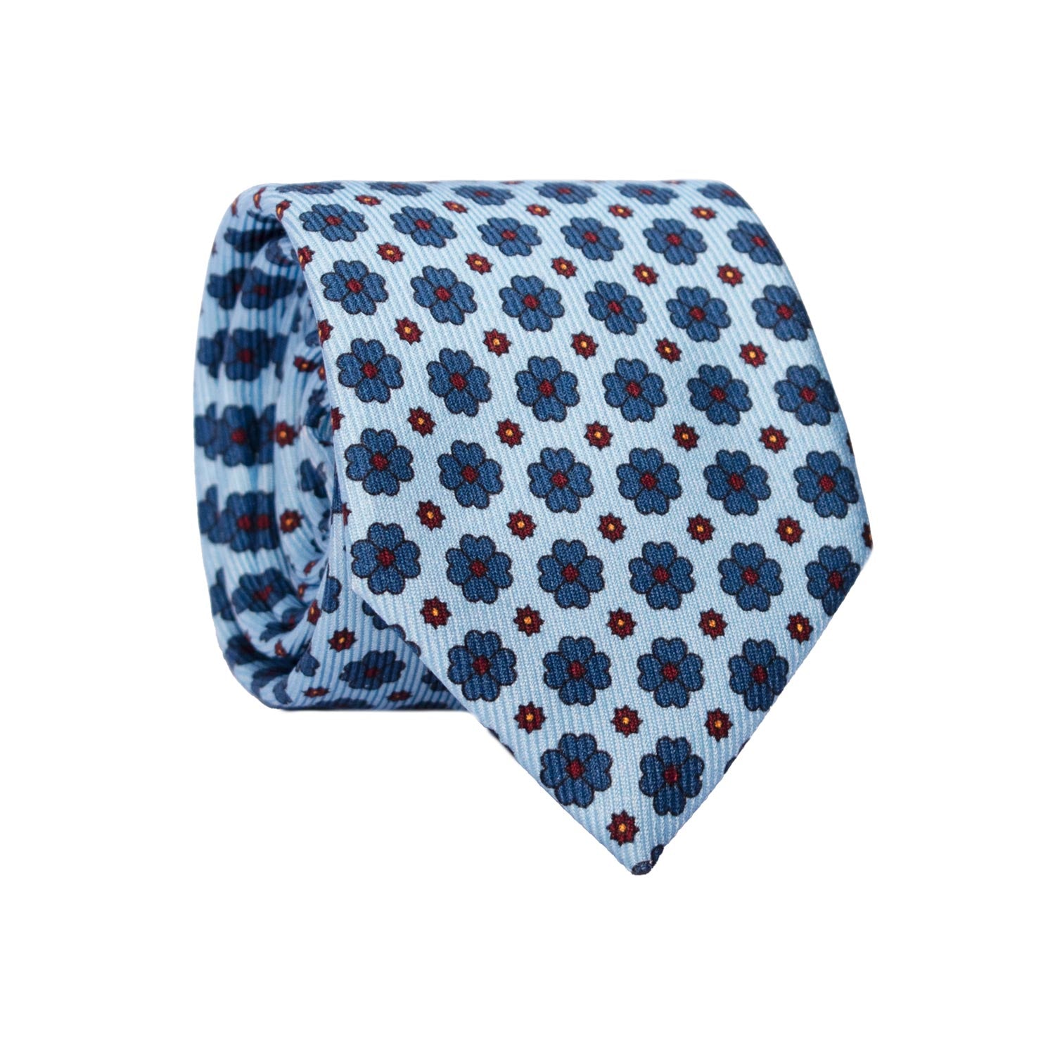 Cravatta in Saia di Seta Celeste a Fiori Blu Navy Bordeaux Arancione SA21 Made in Italy Graffeo Cravatte Rotolo