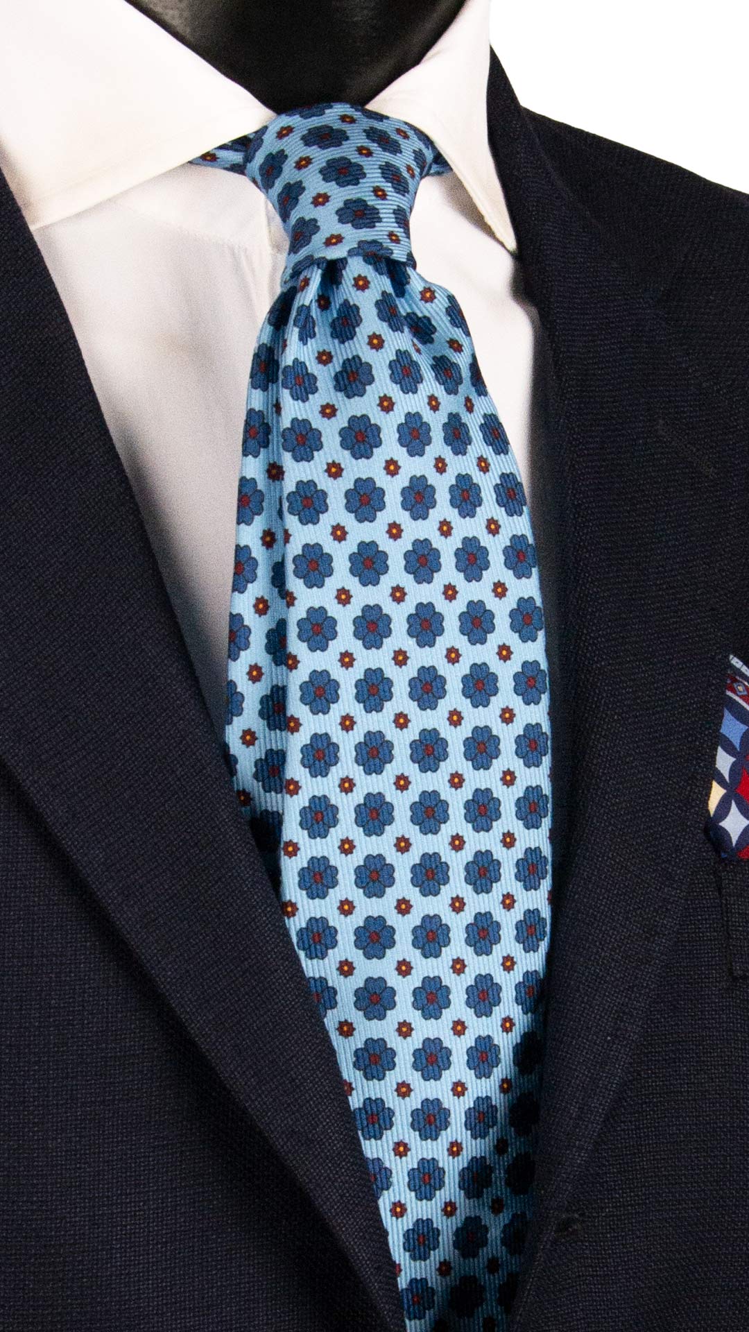 Cravatta in Saia di Seta Celeste a Fiori Blu Navy Bordeaux Arancione SA21 Made in Italy Graffeo Cravatte
