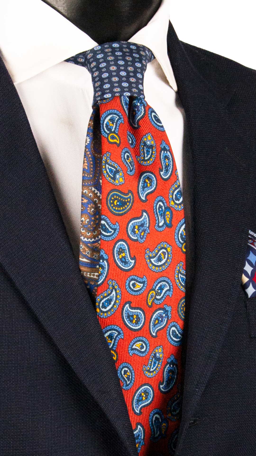 Cravatta in Saia di Seta Color Mattone Paisley Celeste Blu Arancione Nodo in Contrasto Blu Celeste Rosso N3243 Made in Italy Graffeo Cravatte