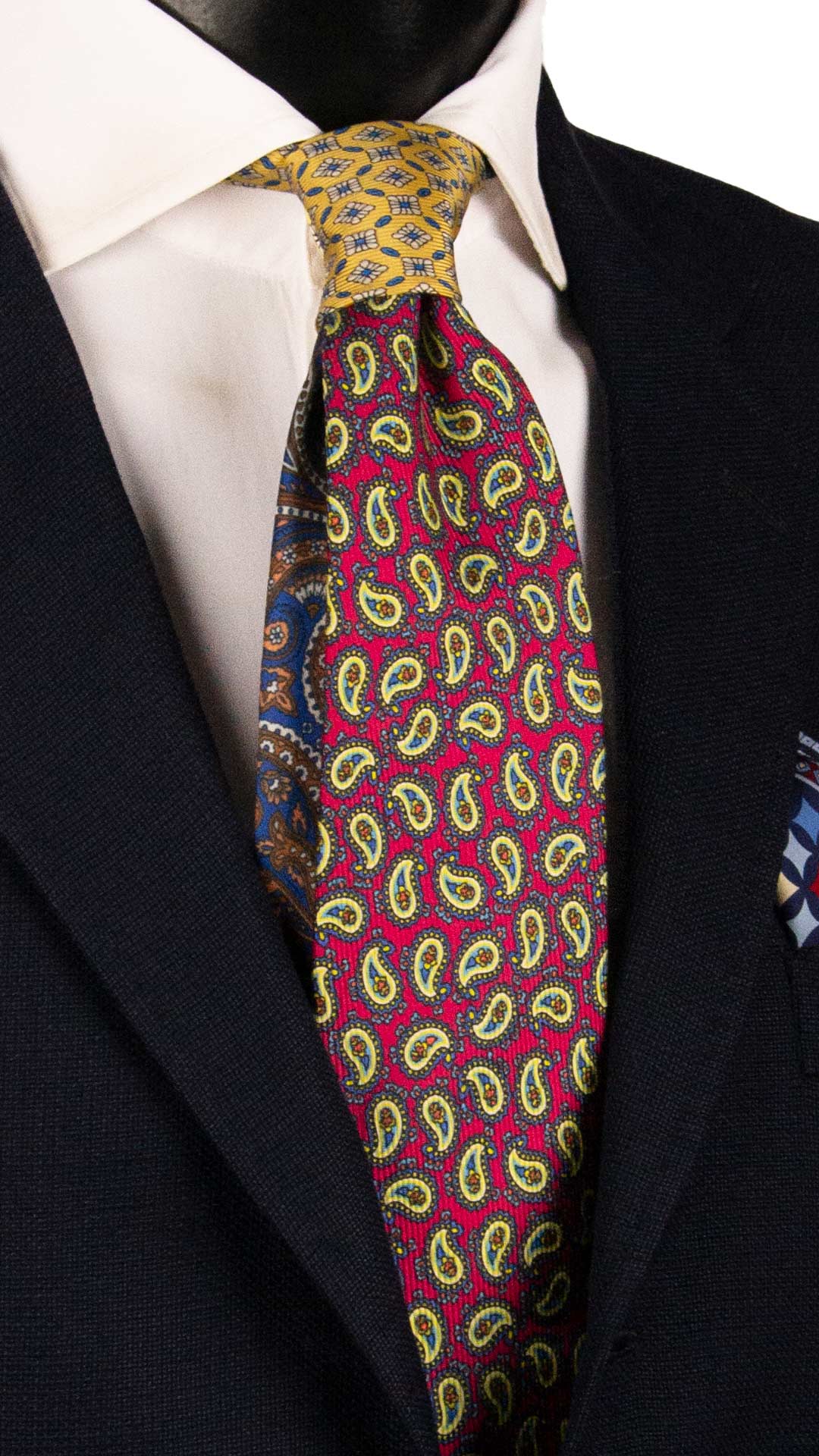 Cravatta in Saia di Seta Fucsia Paisley Multicolor Nodo in Contrasto Giallo Bianco Crema Bluette N3247 Made in Italy Graffeo Cravatte