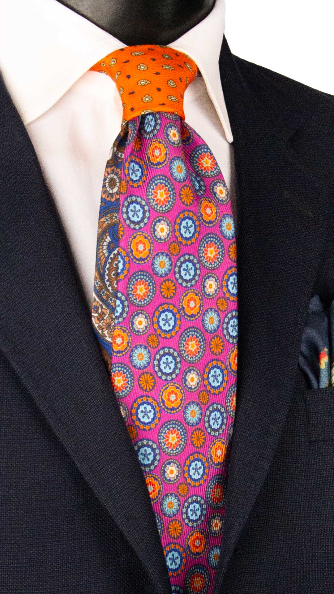 Cravatta in Saia di Seta Fucsia a Fiori Multicolor Nodo in Contrasto Arancione Fluo Paisley Blu Giallo Bianco N3500 Made in Italy Graffeo Cravatte