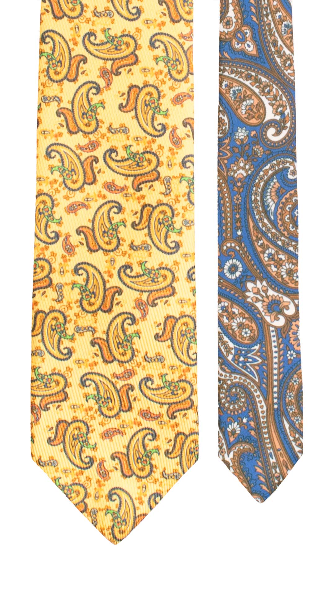 Cravatta in Saia di Seta Gialla Paisley Arancione Verde Blu Nodo in Contrasto Marrone Fantasia Blu Bianco Panna Verde N3501 Made in Italy Graffeo Cravatte Pala