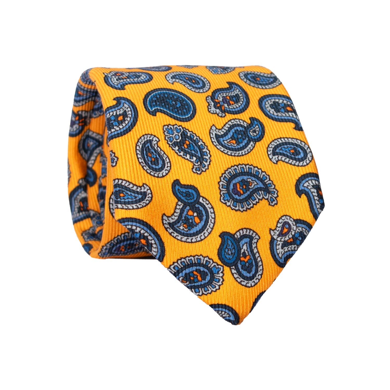 Cravatta in Saia di Seta Gialla Paisley Blu Celeste Arancione SA5 Made in Italy Graffeo Cravatte Rotolo