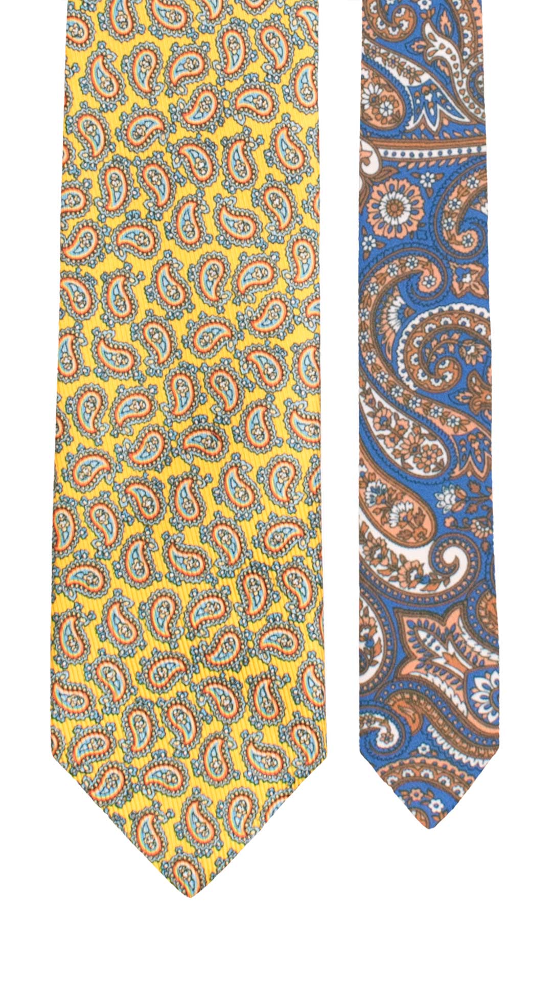 Cravatta in Saia di Seta Gialla Paisley Multicolor Nodo in Contrasto Indaco Fantasia Beige Giallo Fluo Crema N3478 Made in Italy Graffeo Cravatte Pala