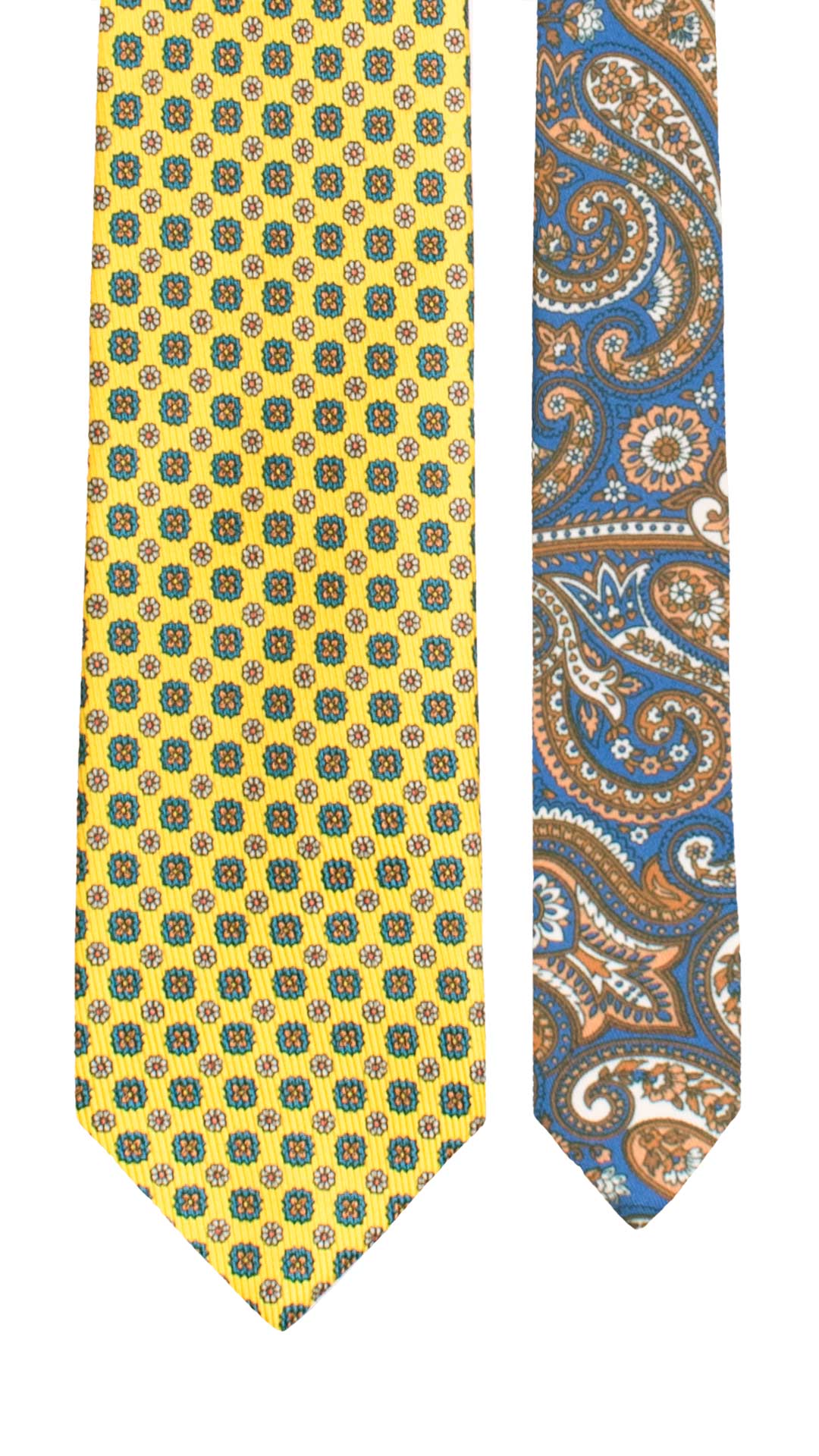 Cravatta in Saia di Seta Gialla a Fiori Arancioni Blu Petrolio Grigi Nodo in Contrasto Blu Paisley Multicolor N3483 Made in Italy Graffeo Cravatte Pala