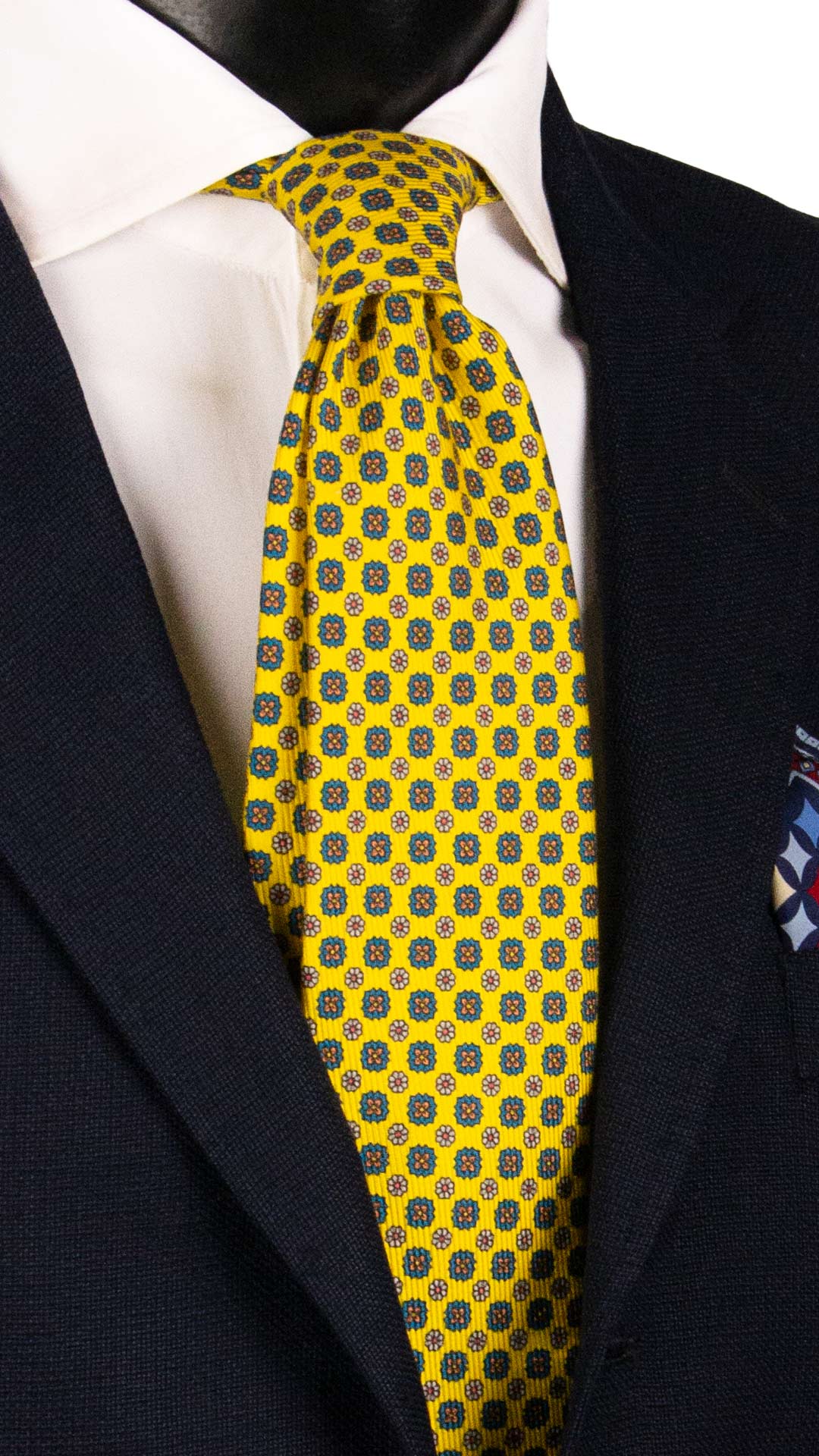 Cravatta in Saia di Seta Gialla a Fiori Arancioni Blu Petrolio Grigio SA83 Made in Italy Graffeo Cravatte