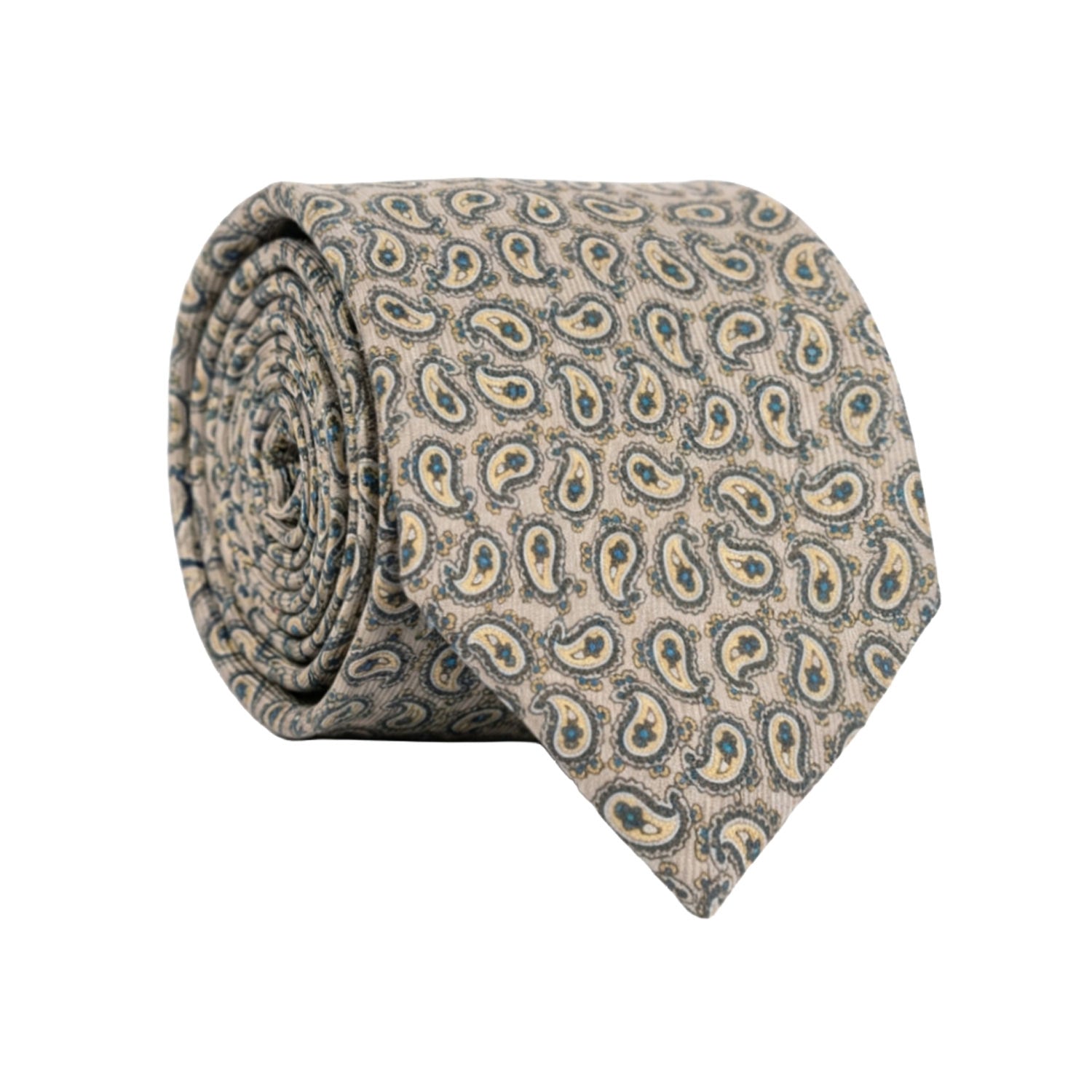 Cravatta in Saia di Seta Grigia Paisley Giallo Bluette Grigio Scuro SA23 Made in Italy Graffeo Cravatte Rotolo