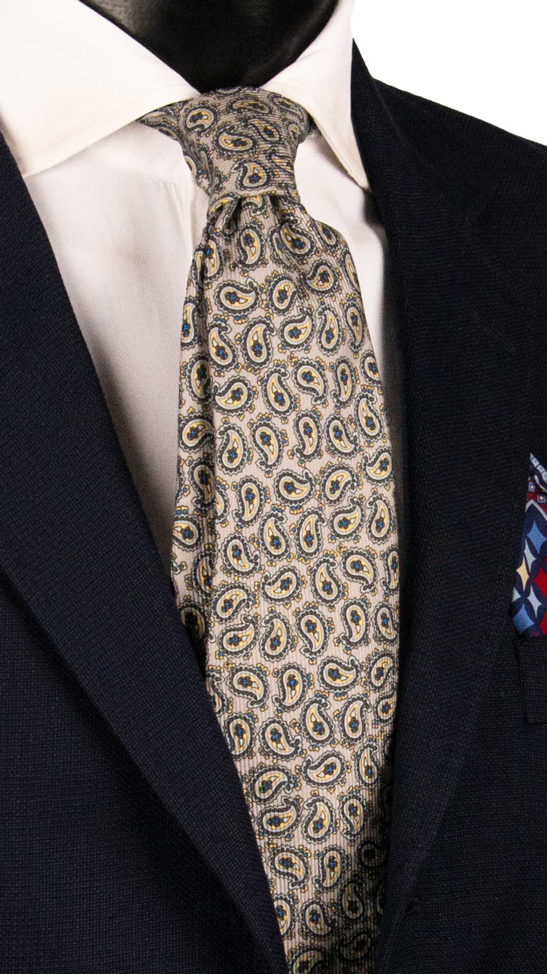 Cravatta in Saia di Seta Grigia Paisley Giallo Bluette Grigio Scuro SA23 Made in Italy Graffeo Cravatte