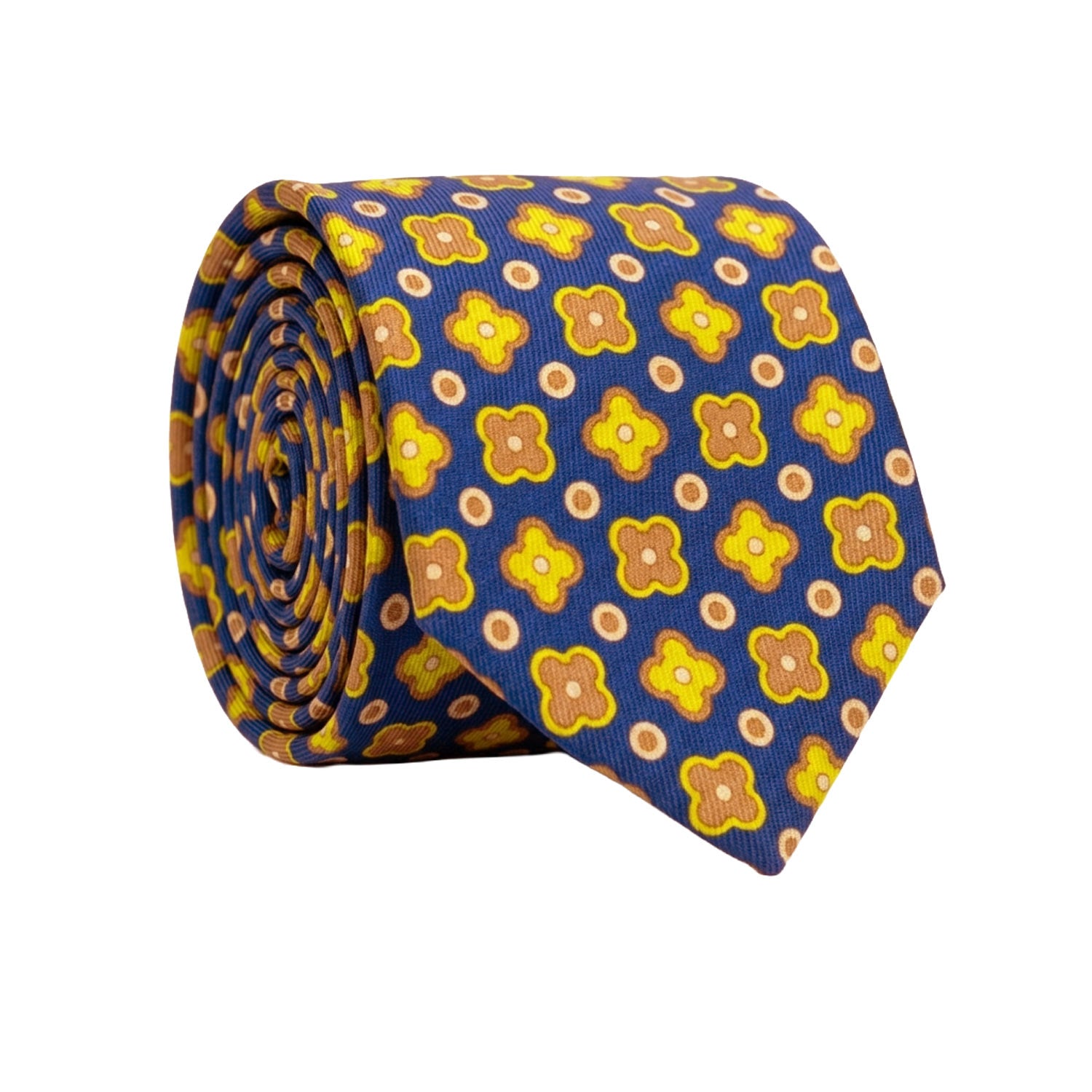 Cravatta in Saia di Seta Indaco Fantasia Beige Giallo Fluo Giallo Crema SA43 Made in Italy Graffeo Cravatte Rotolo