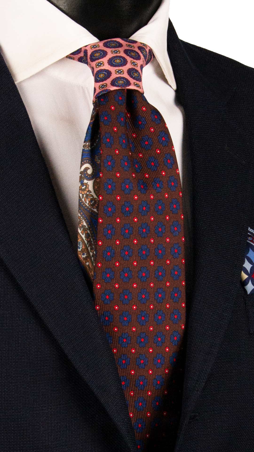 Cravatta in Saia di Seta Marrone a Fiori Blu Rossi Nodo in Contrasto Rosa Blu Arancione N3242 Made in Italy Graffeo Cravatte