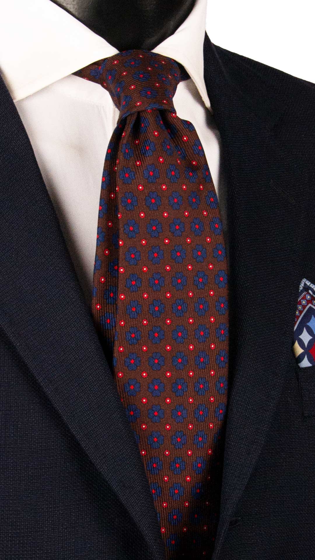 Cravatta in Saia di Seta Marrone a Fiori Bluette Rosso Bianco SA49 Made in Italy Graffeo Cravatte