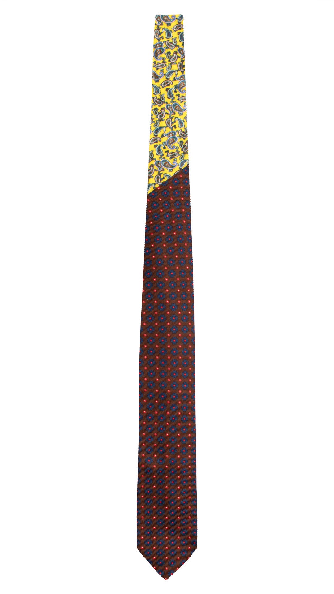 Cravatta in Saia di Seta Marrone a Fiori Rossi Blu Bianchi Nodo in Contrasto Giallo Paisley Multicolor N3465 Made in Italy Graffeo Cravatte  Intera