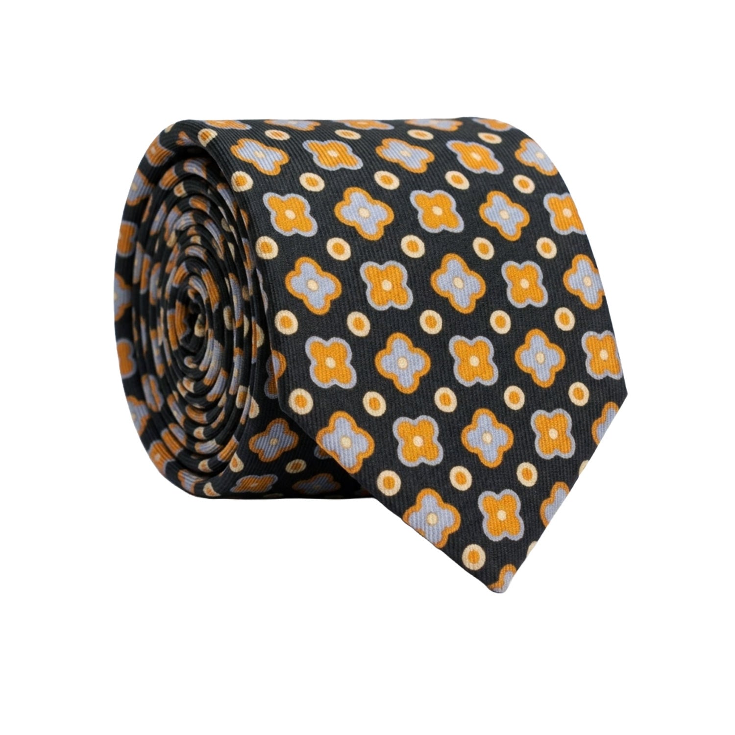 Cravatta in Saia di Seta Nera Fantasia Arancione Azzurro Giallo Crema SA42 Made in Italy Graffeo Cravatte Rotolo