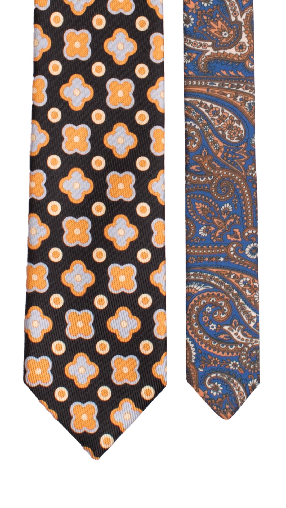 Cravatta in Saia di Seta Nera Fantasia Arancione Azzurro Polvere Giallo Crema Nodo in Contrasto Azzurro Paisley Multicolor N3246 Made in Italy Graffeo Cravatte Pala