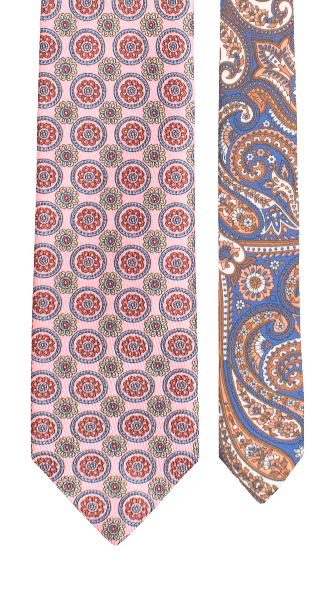 Cravatta in Saia di Seta Rosa Fantasia Celeste Arancione Nodo in Contrasto Bluette Fantasia Viola Blu Bianco N3484 Made in Italy Graffeo Cravatte Pala