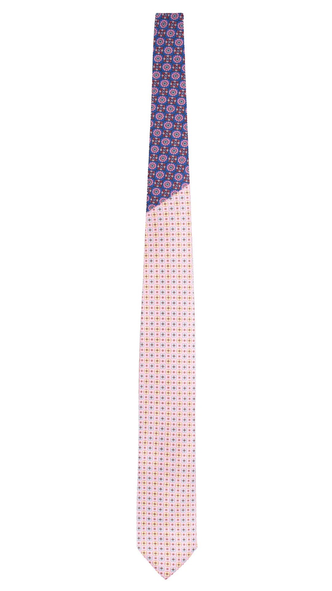 Cravatta in Saia di Seta Rosa Fantasia Celeste Giallo Marrone Nodo in Contrasto Bluette Fantasia Multicolor 3502 Made in Italy Graffeo Cravatte Intera