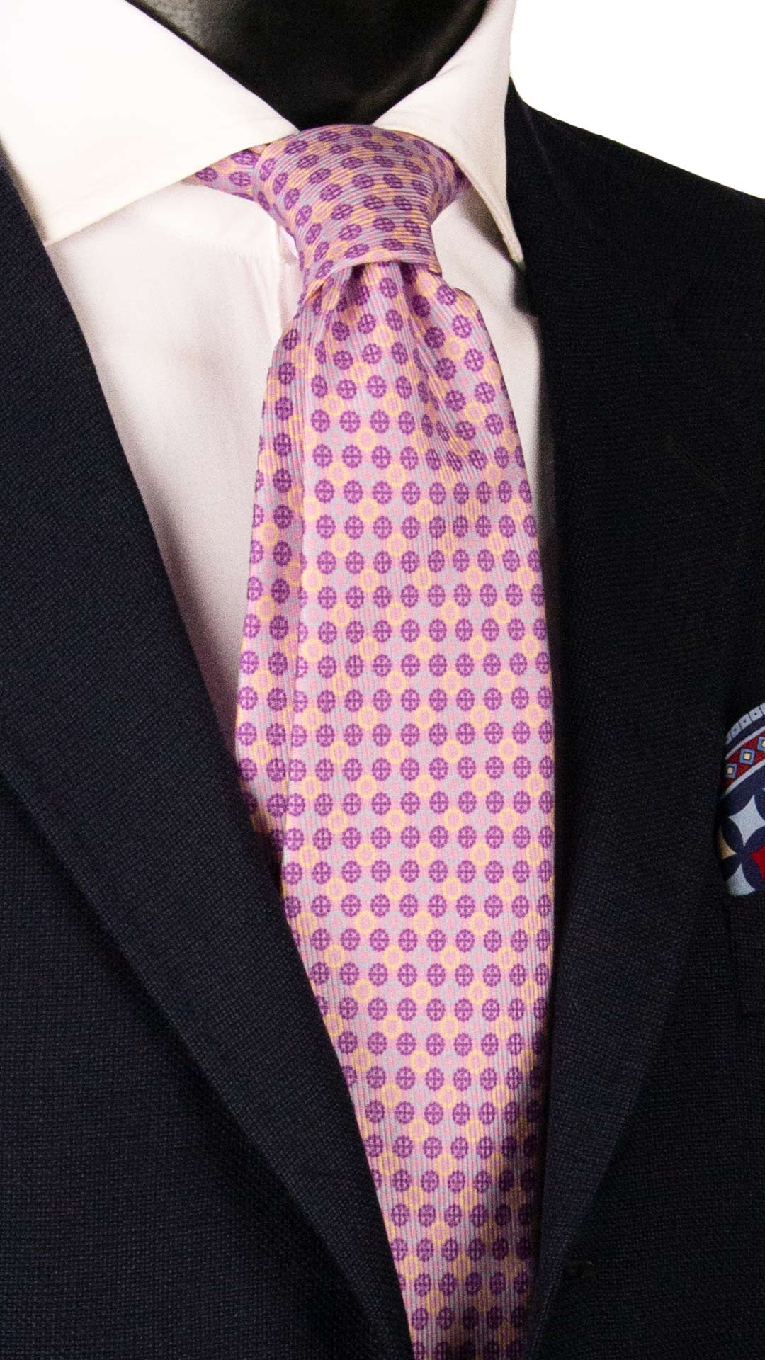 Cravatta in Saia di Seta Rosa Fantasia Viola Celeste Giallo Crema SA96 Made In Italy Graffeo Cravatte