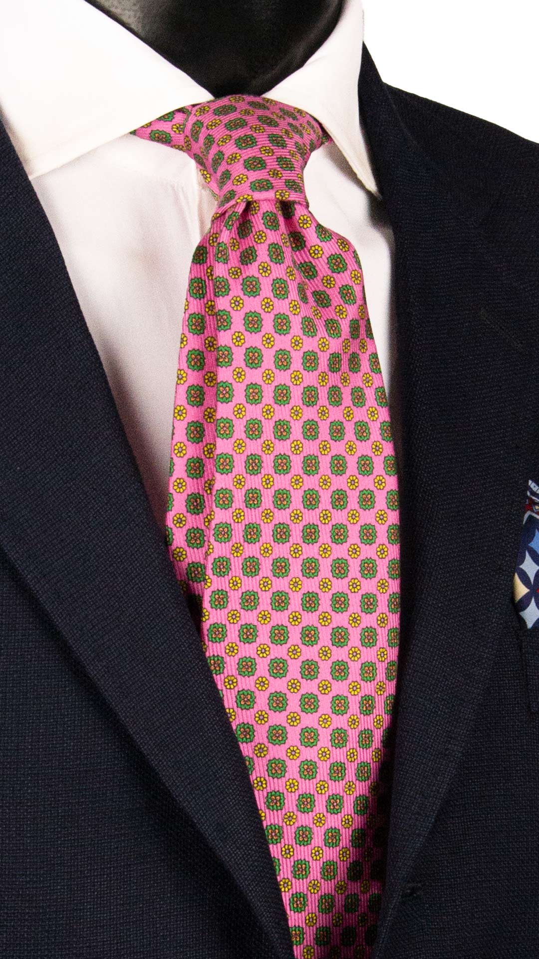 Cravatta in Saia di Seta Rosa a Fiori Verdi Gialli SA84 Made in Italy Graffeo Cravatte