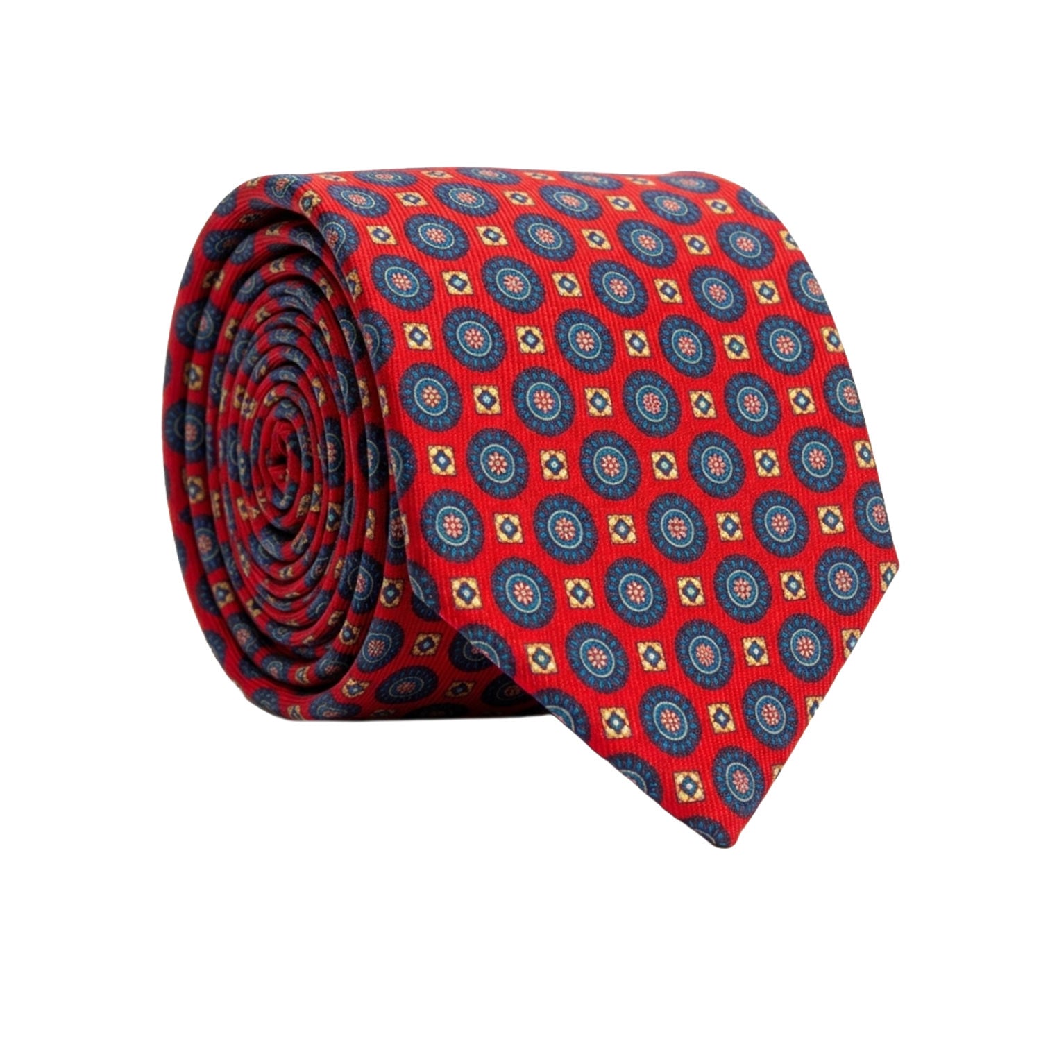 Cravatta in Saia di Seta Rossa Fantasia Bluette Rosa Bianca SA33 Made in Italy Graffeo Cravatte Rotolo